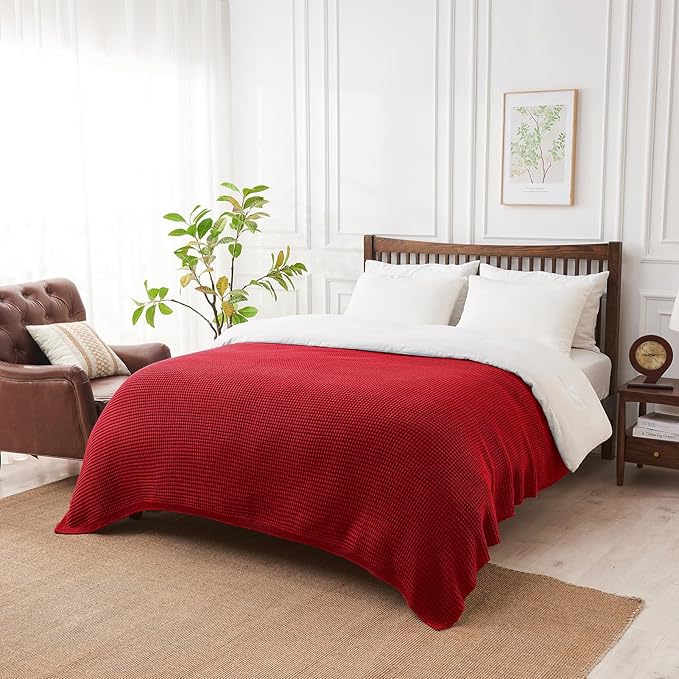 Douceur Christmas Red Throw Blanket for Bed, Soft Chunky Cable Knit Throw Blanket, Classic Fisherman's Rib Stitch Pattern Throw for Living Room,50"X60"