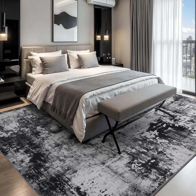 Rugflix 10x14 Area Rugs for Living Room, Washable Black Grey Dark Large Rug | Machine Washable; Stain-Resistant; Low Pile; Non-Slip; Modern Abstract; Carpet for Bedroom Dining Office Nursery Home