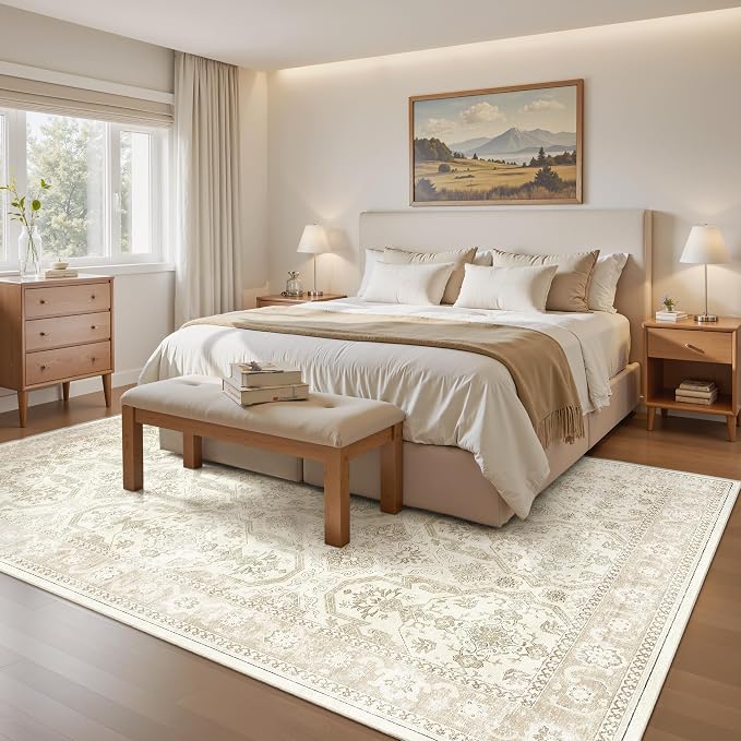 Soalmost 6x9 Area Rug for Living Room Washable Rugs Non-Slip Beige/Brown | Low-Pile Vintage Carpet for Dining Bedroom, Foldable Thin Stain Resistant Floor Mat Under Table Home Office Nursery Decor