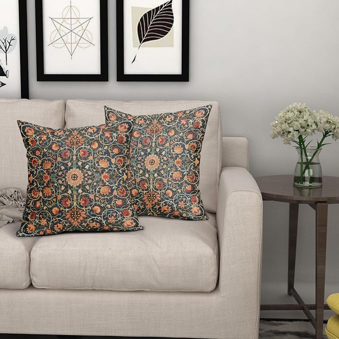 Vintage Floral Pillow Covers 18X18 Inch Set of 2 Burnt Orange Flowers Botanical Decorative Square Pillow Cases Navy Blue Art Cushion Case Farmhouse Home Decor for Sofa Couch Bedroom Outdoor