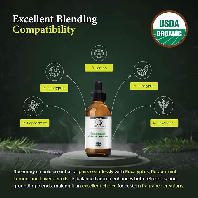 Organic Rosemary Essential Oil Chemotype Cineole | 100% Pure Steam Distilled Rosemary Oil | Fresh Herbaceous Aroma for Diffuser Aromatherapy, Massage Blends & DIY Recipes | Spain - 1 Fl Oz