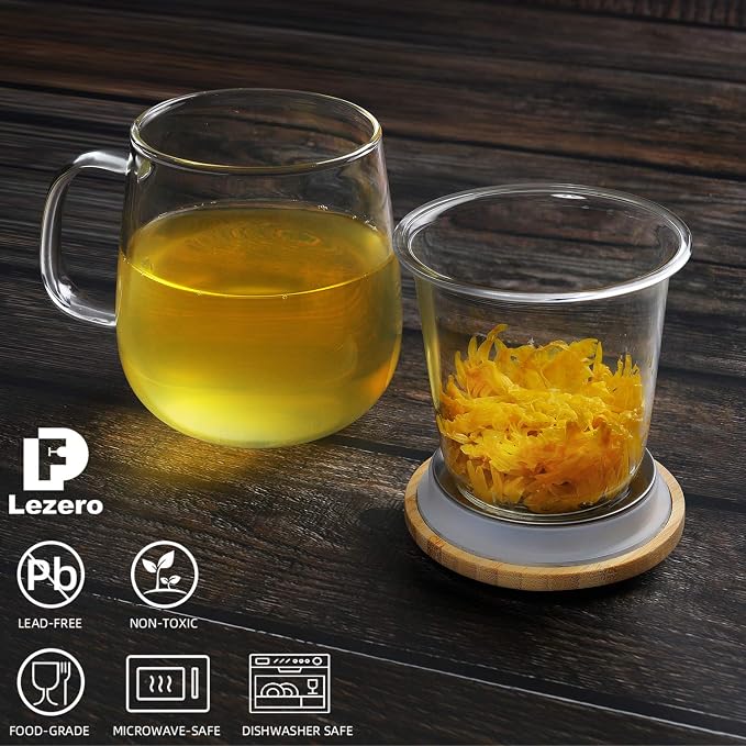 Lezero 15oz Tea Infuser Cups with Strainer and Lid, Glass Filter Mugs Brewing Kit for Loose Leaf-Tea & Blooming, Heat Resistance, Lead-free, Microwave & Dishwasher Safe