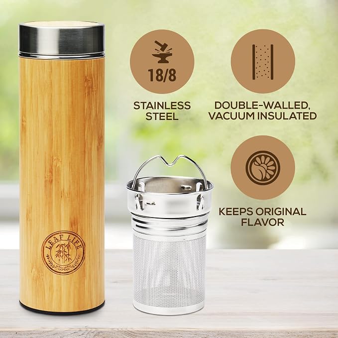 LeafLife Premium Bamboo 22oz Tea Bottle – Infuser Bottle – Insulated Coffee & Beverage Tumbler – Gift Set & Accessories