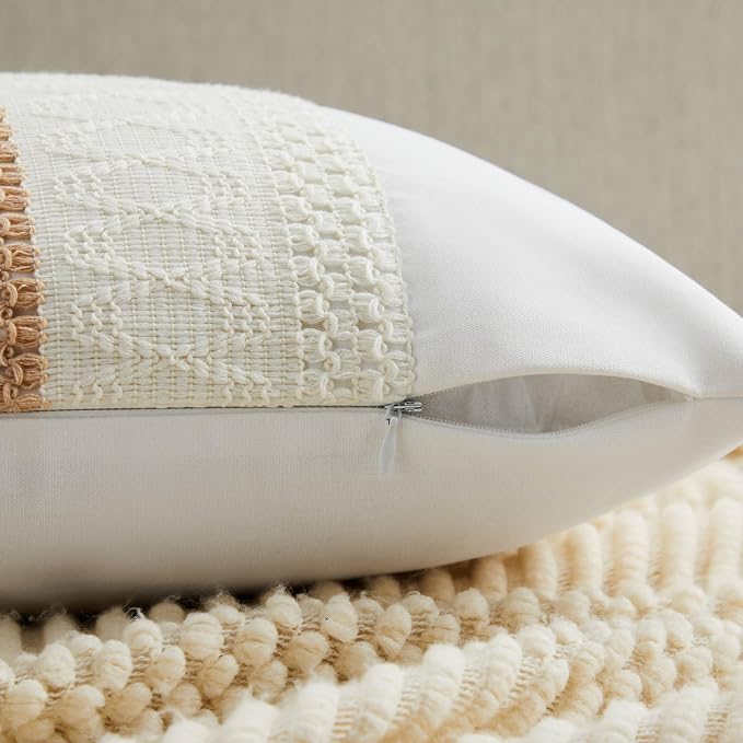 2pk Boho Pillow Covers 22x22, Natural White/Contrast/Beige | 100% Organic Cotton Body, Stripe Embroidery, Farmhouse Decorative Cushion Covers for Sofa Bed Living Room Home Decor