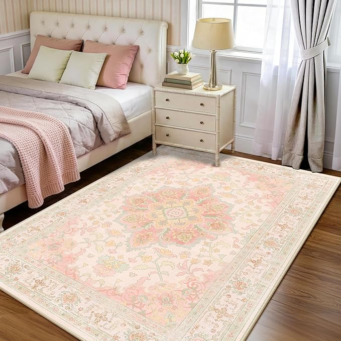 CAPALOCA 6x9 Washable Nursery Girls Low Pile Area Rug Pink Green | Non-Slip Soft Rugs for Bedroom Kids Playroom Living Room, Print Pattern Water Repellent Carpet Indoor Decor