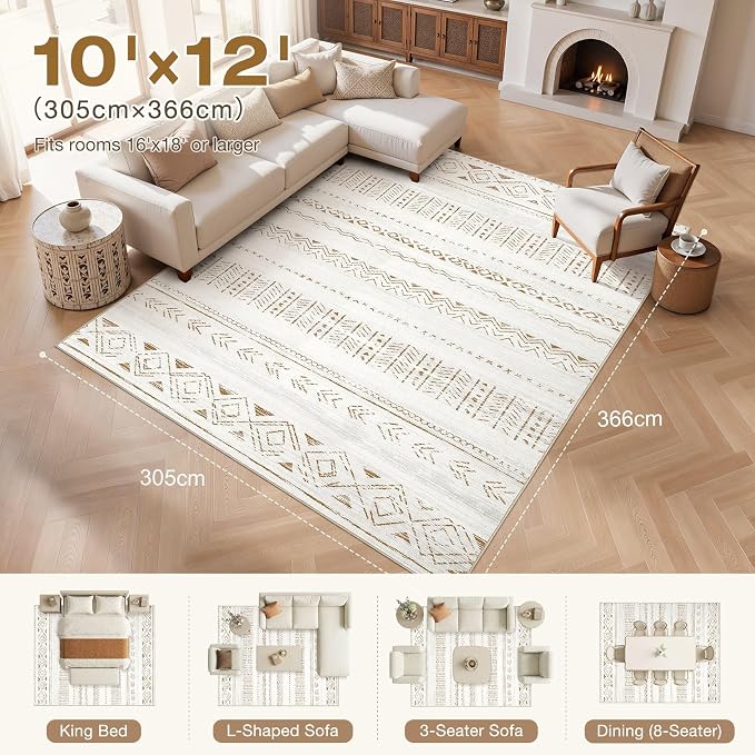 cotiled 10x12 Area Rugs Living Room Rug: Washable Boho Rugs with Non Slip Backing Large Soft Indoor Stain Resistant Carpet for Bedroom Farmhouse Dining Room Lightweight Home Decor L Brown/Cream