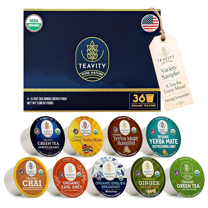 Teavity 9 Blend Organic Tea Pods Variety Pack, 36 ct. 9 Assorted Flavors, Single Serve Pods - 100% Gourmet Blended Leaves, Compatible with Keurig K Cups Brewer