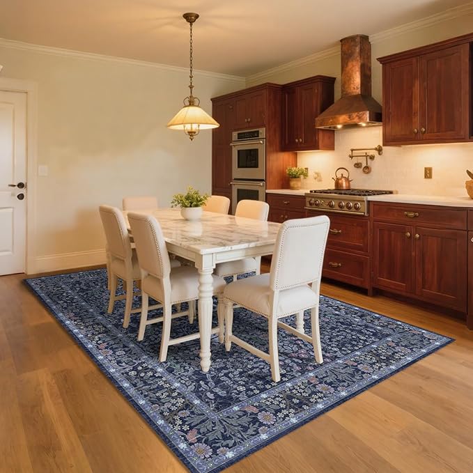 8x10 Washable Area Rugs for Living Room, Stain Resistant Vintage Rugs for Dining Room Under Kitchen Table, Bedroom, Floral Low Pile Non-Slip Large Carpet (8 x 10 Blue)