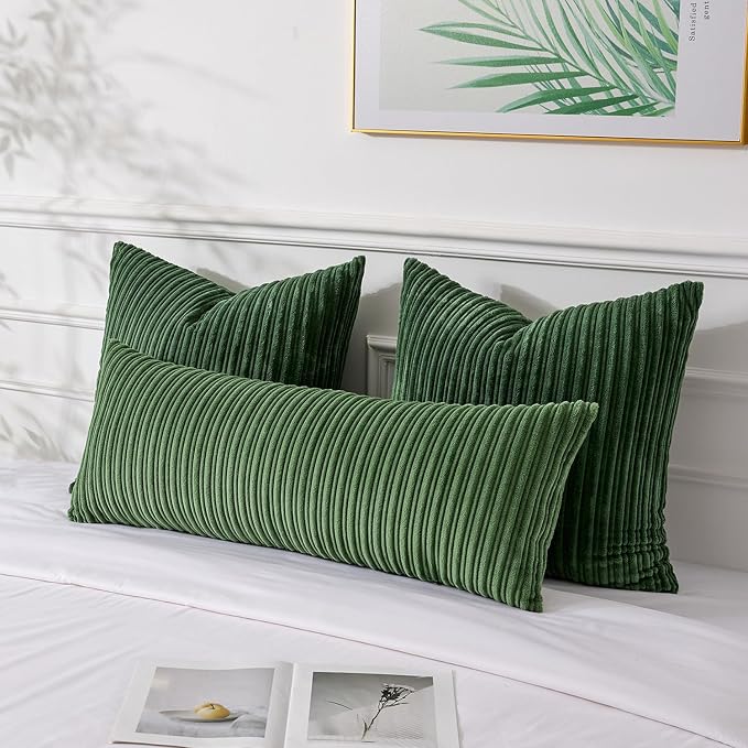 UGASA 14x36 Inch Pillow Cover Pack of 1 Soft Boho Stripe Corduroy Large Long Rectangular Lumbar Cushion Cover Farmhouse Decorative Throw Pillowcase for Bed Couch Sofa Bedroom Living Room, Moss Green