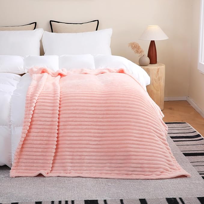 Light Pink Fleece Throw Blanket 50”×70” for Couch Sofa Livingroom | Super Soft Cozy Plush Microfiber Flannel Bed Blanket Striped Design Lightweight Home Decor Gifts for Adults Mom Women