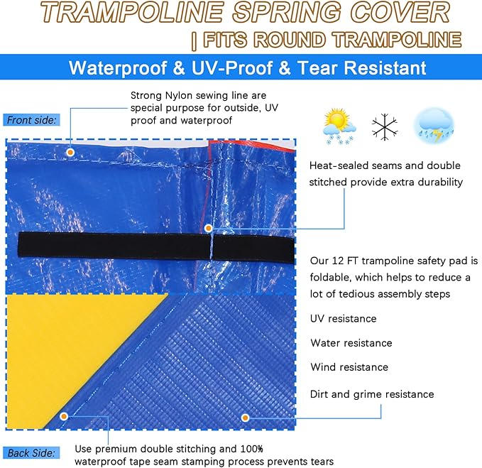 Trampoline Pad Replacement, 12FT 14FT 15FT Trampoline Spring Cover, Thickened EPE Foam Tear-Resistant Waterproof Safety Pad, No Holes for Pole