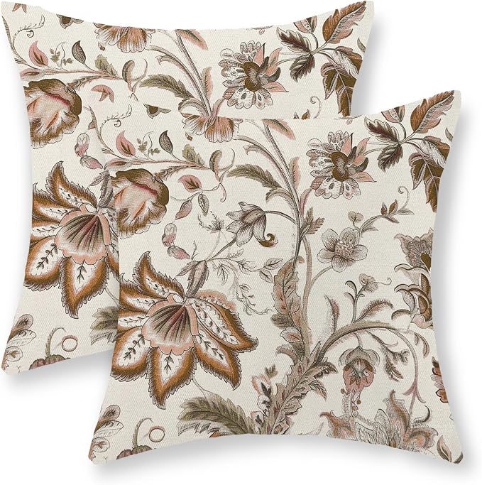 Brown Pillow Covers 16x16 Set of 2 Brown Chinoiserie Floral Throw Pillows Boho Vintage Flowers Decorative Pillow Cases Outdoor Chinoiserie Decor Farmhouse Linen Cushion Cover for Couch Sofa