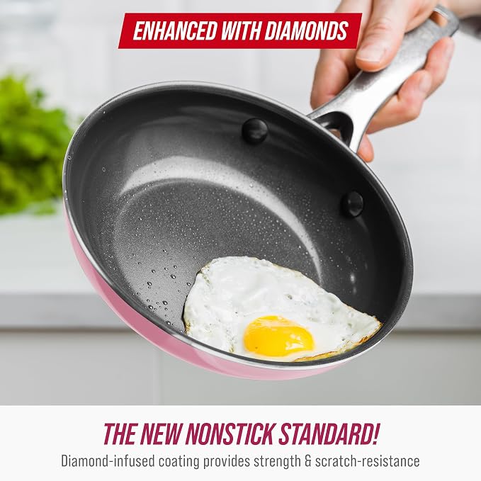 Blue Diamond 8" Diamond Infused Ceramic Nonstick Frying Pan Skillet, Pink | PFAS-Free Ceramic Nonstick, Dishwasher & Oven Safe, Stay Cool Handle, Durable Metal Utensil Safe, Egg & Omelet Pan