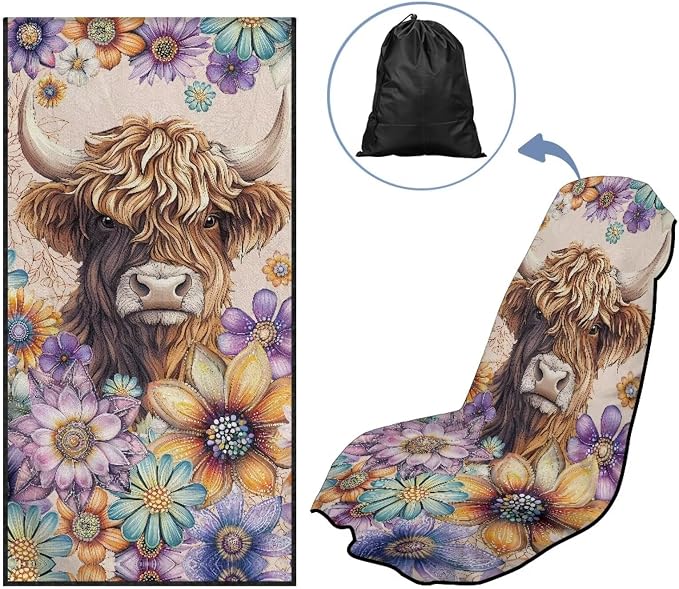 INSTANTARTS Aesthetic Dahlia Highland Cow Towel Car Seat Covers Sports Car Towel Mat for Yoga and Travel