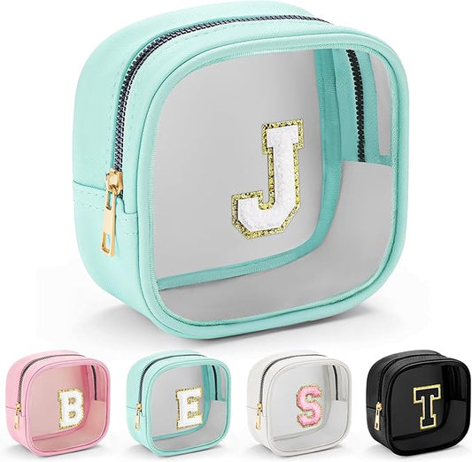 YOOLIFE Initial Make Up Bag Travel Toiletry Bag, Clear Makeup Bag Preppy Cosmetic Bags Small Makeup Bag Travel Essentials Gifts for Women Teen Girlfriend Teacher Mom Birthday Gifts Makeup Pouch Blue J