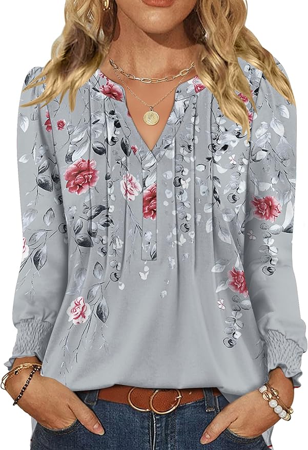 LOMON Womens Tops Dressy Casual Pleated Ruffle Long Sleeve Tunics Tops to Wear with Leggings V Neck Work Blouse