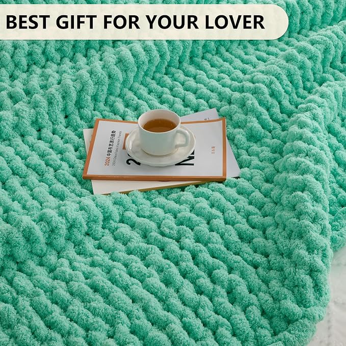 L'AGRATY Chunky Knit Throw Blanket for Couch, 60'' x 80'' Knit Throw, Aqua | Handmade Chenille Crochet Blanket for Sofa Bed, Thick Cable Knitted Blankets for Room Home Decor, Birthday Gift for Women Mom