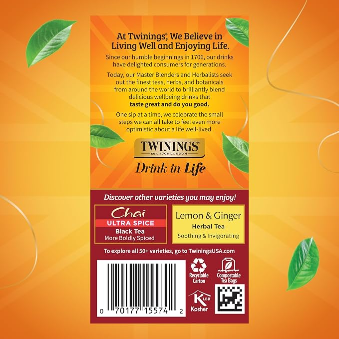 Twinings Chai Black Tea Individually Wrapped Bags, 20 Count (Pack of 1), Sweet, Savoury Spices, Caffeinated, Enjoy Hot or Iced, 20 Teabags