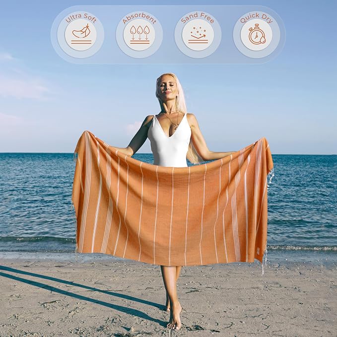 Ossano Turkish Beach Towel Striped & Smart Blend Oversized (39" x 71") - Quick Dry, Versatile and Functional as Picnic and Beach Blanket, Yoga, Pool, Travel and Gym Towels - Orange