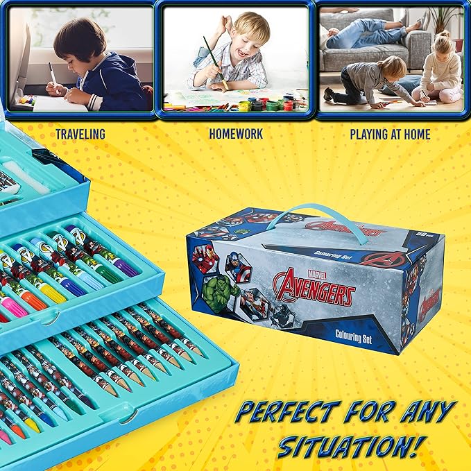 Marvel Art Case for Kids with Colored Pencils Markers Crayons Watercolors Drawing Supplies Travel Art Kit Gifts for Kids (Multicolor Avengers)