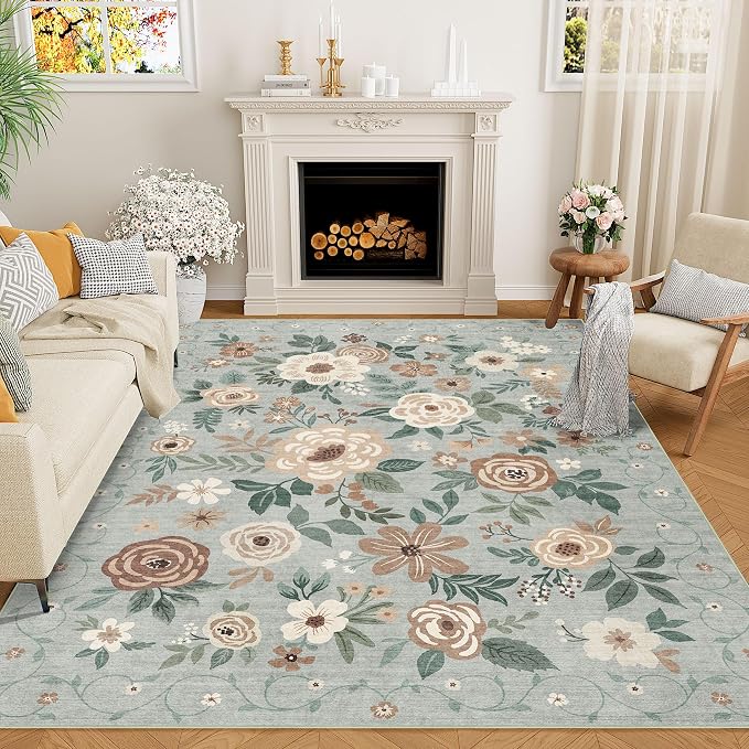 DUKINO 6x9 Area Rugs, Floral Washable Rug for Bedroom Non Slip, Sage Green | Soft, Low Pile, Large Indoor Rug for Living Room, Dining Room, Kids Room, Office, Pet Friendly, Home Decor, Stain Resistant