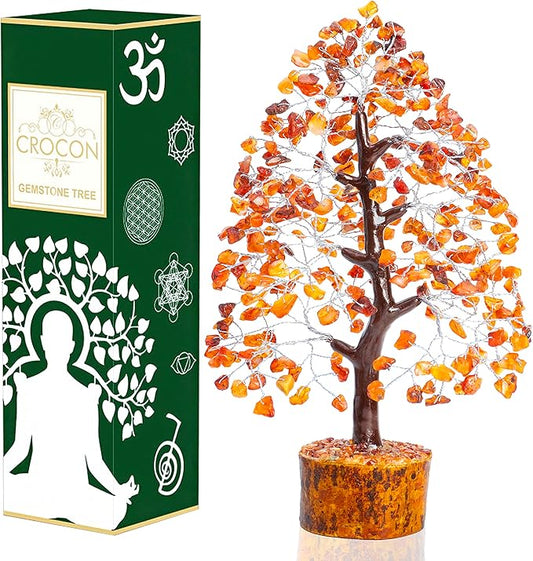 "Carnelian Chakra Tree of Life - Crystal Tree for Positive Energy, Handmade Gemstone Tree - Feng Shui Decor, Good Luck Money Tree Bonsai - Orange Healing Crystals for Sacral Chakra, Prosperity Gift"