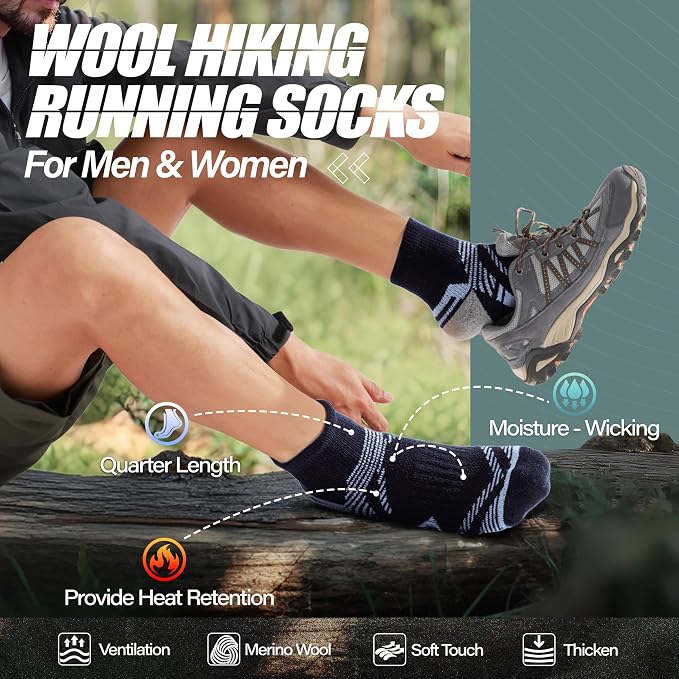 ANTSANG 6 Pairs Merino Wool Quarter Ankle Hiking Running Socks Compression Thermal Thick Cushion Socks for Women Men