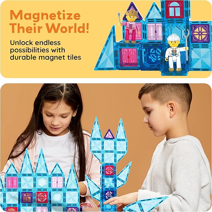 PicassoTiles 71pc Mini Diamond Series Winter Ice Theme Magnetic Tile Building Blocks 2 Character Action Figures Travel Size On-The-Go Magnet Construction Toy Set STEM Development Kit Ages 3+ PTM71