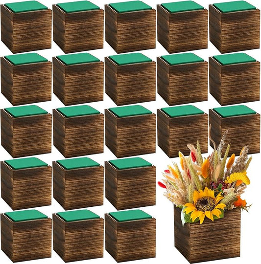 24 Set Wood Cube Planter Box Square Wood Vase Rustic Cube Planter Box with Removable Plastic Liner Floral Foam Blocks for Centerpieces Home Wedding Garden Decor, Country Style (Brown)