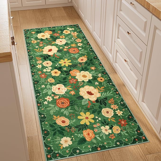 DUKINO 2x5 Runner Rug, Floral Washable Rug for Kitchen Non Slip, Dark Green | Low Pile, Soft, Stain Resistant Indoor Rug Runner for Entryway, Hallway, Bedroom, Bathroom, Laundry, Pet Friendly, Home Decor