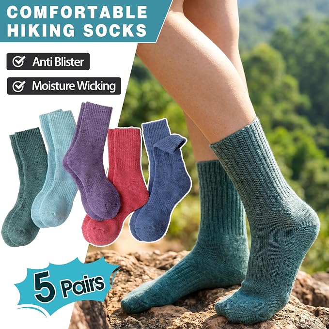 MOGGEI 5 Pairs Womens Merino Wool Socks Hiking Warm Winter Thick Thermal Crew Cozy Cabin Ladies Gift Comfy Boot Work Socks