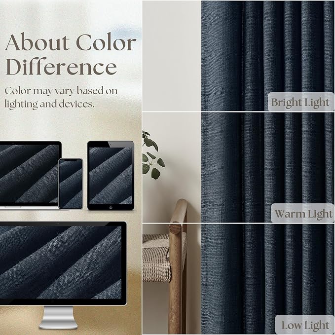 Navy Pinch Pleated Linen Semi Sheer Short Curtains 45 Inch Length 2 Panels | for Kitchen Small Bay Window Basement, Pinch Pleated with Hooks Rings Back Tab, Memory Shape, Thick Linen Semi Sheer, W40xL45