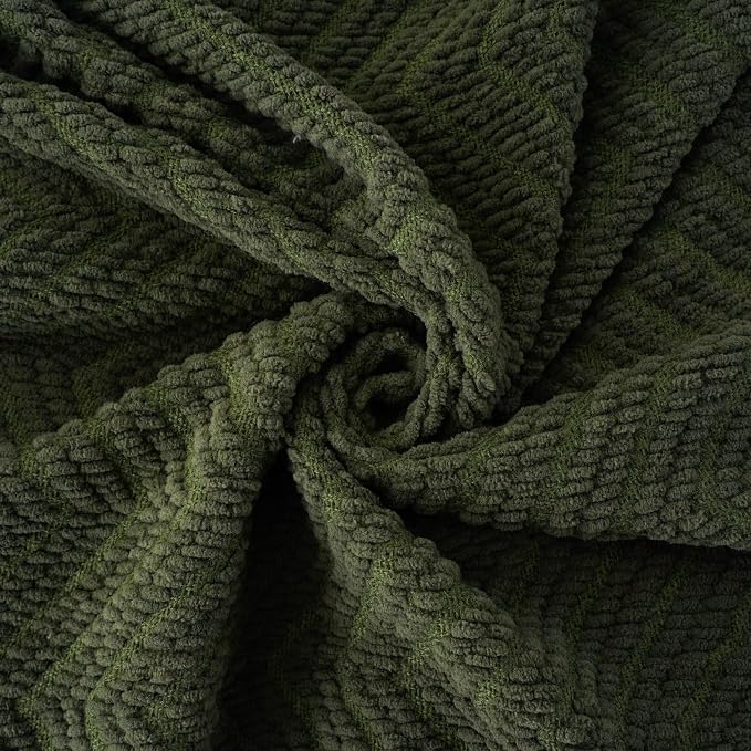 BATTILO HOME Olive Green Chenille Throw Blanket for Bed, 50" x 60" | Knit Throw Blanket, Super Soft Warm Home Decor Throw Blanket with Tassels for Couch,Sofa and Living Room