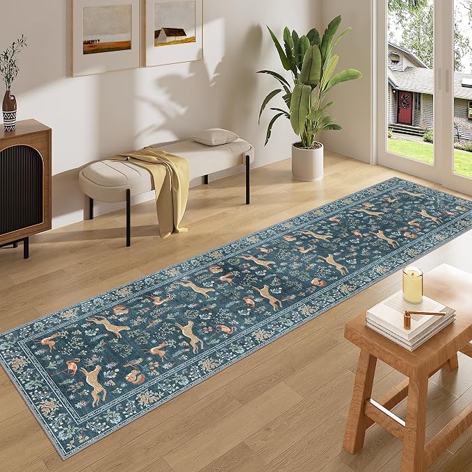 DUKINO 2x8 Washable Runner Rug, Non Slip Animal Kitchen Runner Rug, Blue | Soft, Low Pile, Non-Shedding Indoor Carpet Runner for Hallway, Entryway, Bedroom, Bathroom, Pet Friendly, Stain Resistant