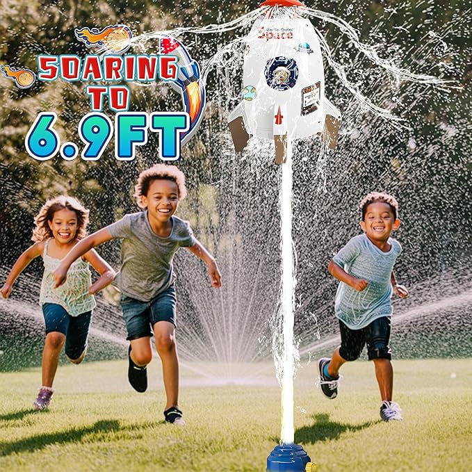 Kids Water Sprinklers for Outside, Rocket Water Launcher Toy for Garden Backyard Summer Fun, Spinning Sprinkler Outdoor Gift for Boys Girls Age 3–12 Year Old (White)