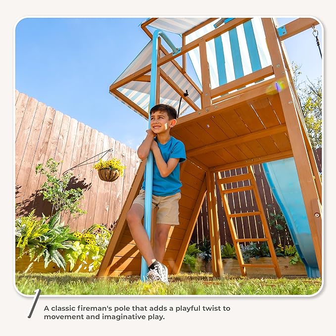 Teamson Kids Laguna Wooden Swing Set with Slide & Climbing Wall, Solid Wood, Natural and Aqua