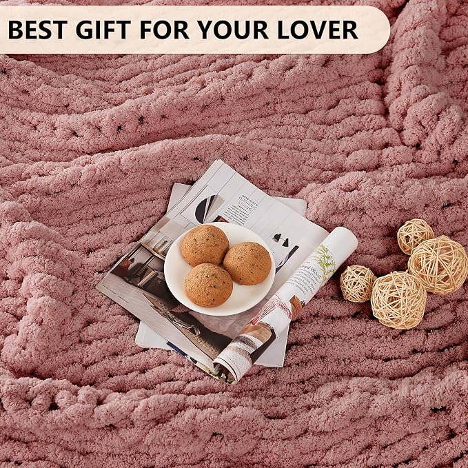 L'AGRATY Chunky Knit Throw Blanket for Couch, 80 x 90 Inches, Rose Pink | Handmade Chenille Crochet Blanket for Sofa Bed, Thick Cable Knitted Blankets for Room Home Decor, Birthday Gift for Women Mom