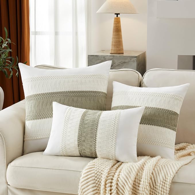 2pk Boho Pillow Covers 16x16, Natural White/Contrast/Dark Sage | 100% Organic Cotton Body, Stripe Embroidery, Farmhouse Decorative Cushion Covers for Sofa Bed Living Room Home Decor