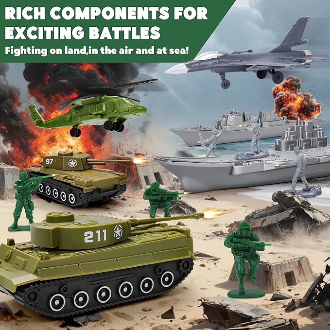 Army Men Playset – 117 Pcs Military Toy Soldiers Set with Action Figures, Battle Mat, Tanks, Helicopter, Submarine & Weapon Gear – Army Toys for Boys Ages 4-12, Great Gift for Kids