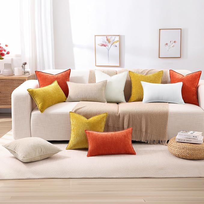 decorUhome Spring Couch Throw Pillow Covers 18x18 Set of 2, Decorative Soft Velvet Neutral Chenille Pillow Covers with Elegant Design for Sofa Bed Living Room Home Decor, Beige (Pack of 2)