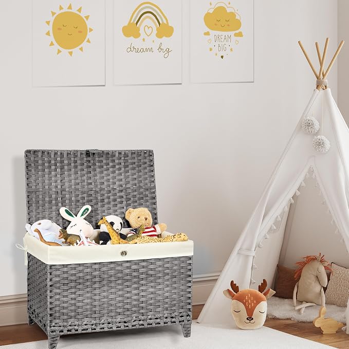 Wicker Storage Basket with Lid, 160L Shelf Basket with Removable Liner Bag | Rattan-Inspired Woven Design, Elevated Feet, Storage Trunk for Wardrobe, Bedroom & Home Organization