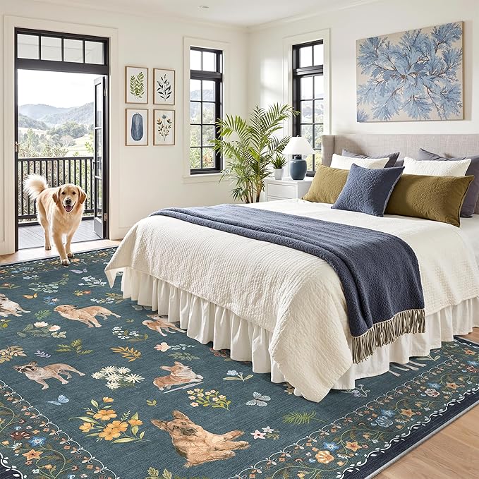 Soalmost Dog 9x12 Area Rugs for Living Room, Washable Soft Rug Navy Blue | Floral Vintage Non-Slip Low Pile Cute Animal Throw Large Rugs for Classroom Bedroom Dining Room Nursery Playroom 9' x 12'