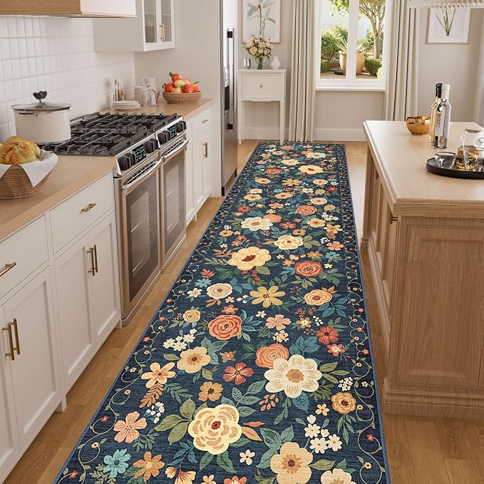 DUKINO 3x12 Washable Runner Rug Long Hallway Runner Rug Non Slip Navy Blue | Soft, Low Pile, Floral Indoor Runner Rug for Kitchen, Entryway, Bedroom, Bathroom, Laundry, Modern Home Decor, Non-Shedding