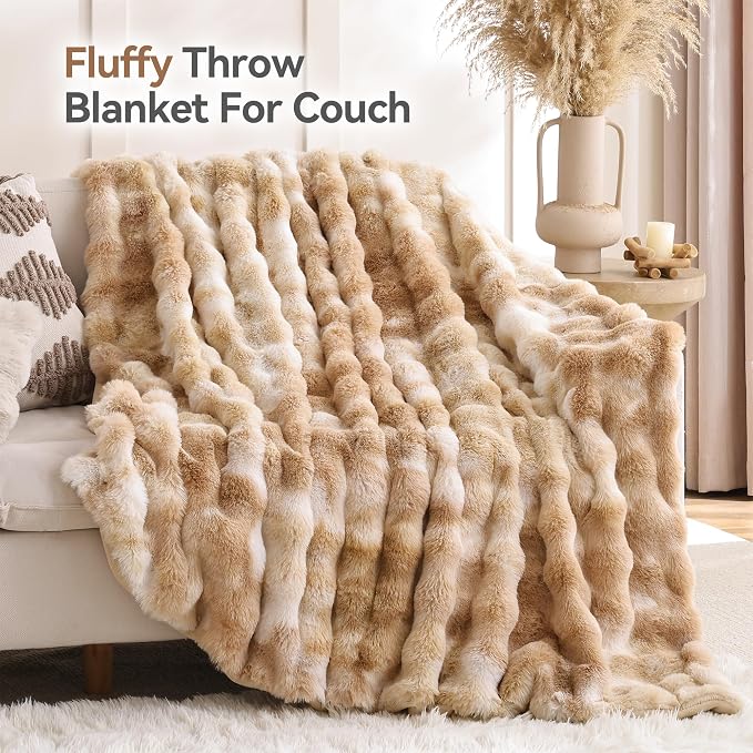 Faux Fur Throw for Couch - Tie-dye Camel Bubble Blanket 60"x80" | Fluffy Plush Fuzzy Throw for Sofa & Bed, Super Soft Cozy Comfrt Blanket, Luxury Aesthetic Camel Decor Gift for Women