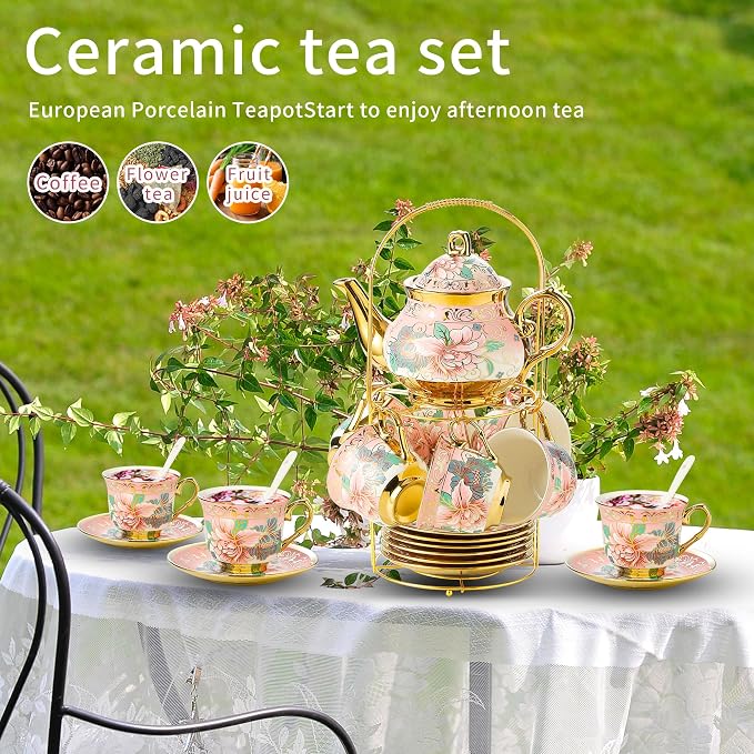 20 Pieces Porcelain Tea Set With Metal Holder, European Ceramic tea set for adults,Flower Tea Set,Tea Set For Women With Flower Painting (Large version, Pink)