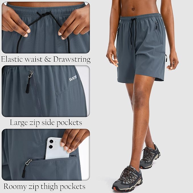 SANTINY Women's 5''/ 7''/9'' Hiking Cargo Shorts Quick Dry Lightweight Summer Shorts for Women Athletic Golf Zipper Pockets