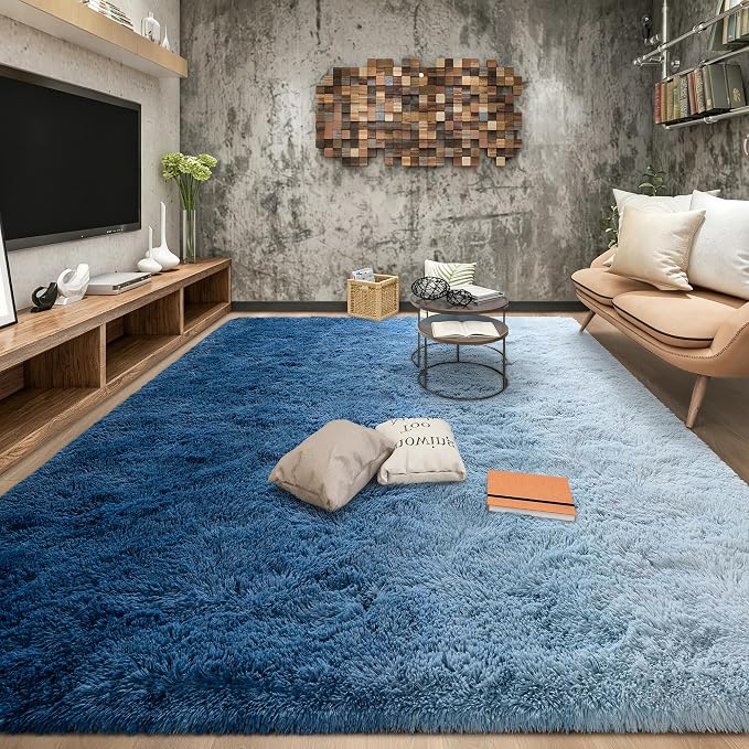 Tepook Soft Fluffy Rugs for Bedroom, 4x6 Area Rug for Living Room, Modern Shaggy Room Rug for Kids Boys Girls, Plush Throw Rugs Indoor Nursery Home Decor Rug with Non-Slip Bottom, Gradient Navy Blue