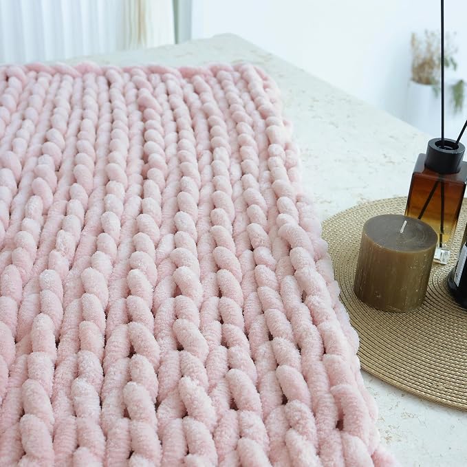 Maetoow Chenille Chunky Knit Blanket,Handmade Cozy for Home Decor,40×50,Light Pink