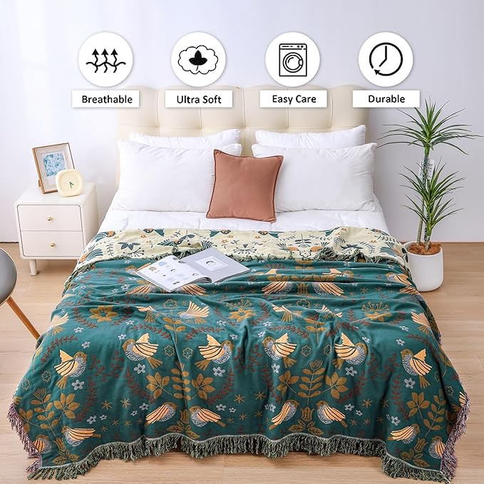 VANJOROY Boho Sofa Bed Large Throw Blanket, Ultra Soft Luxury King Throw Quilt, 100% Organic Cotton Reversible Bohemian Throw for Couch Chair Bedspread and Gift, 91" x 98"-Teal