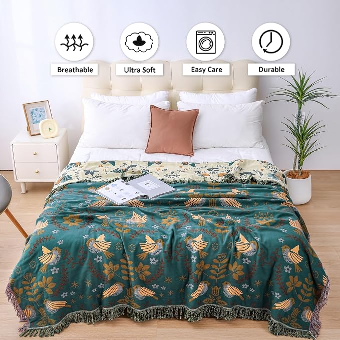 VANJOROY Boho Throw Blanket, 100% Organic Cotton Breathable Ultra Soft 50" x 60" Bed Quilt Throw - Floral Rustic Bird Farmhouse Decor Luxury Reversible Blanket for Sofa Couch Chair and Gift,Teal/Beige